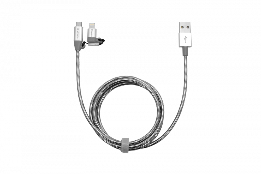 2-IN-1 LIGHTNING / MICRO B STAINLESS STEEL SYNC & CHARGE CABLE 100CM SILVER