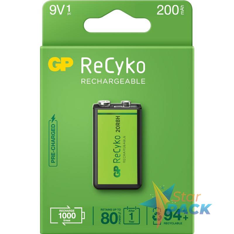 Acumulatori GP Batteries, ReCyco 200mAh 9V NiMH, paper box 1 buc. 20R8H-EB1, GP20R8H-2EB1