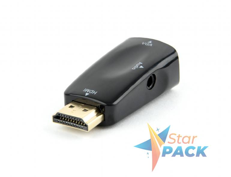 ADAPTOR video GEMBIRD, splitter HDMI la VGA + Jack 3.5mm, rezolutie maxima Full HD la 60Hz, cablu audio 3.5 mm jack, black