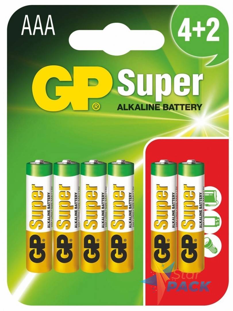 Baterie GP Batteries, Super Alcalina AAA 1.5V alcalina, blister 6 buc. GP24A4/2-2UE6  - 333586