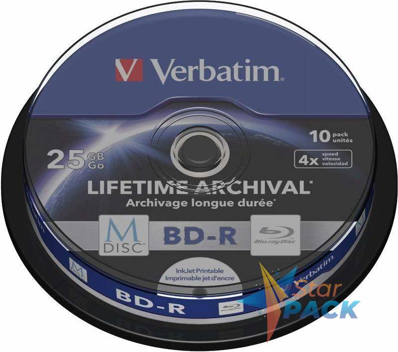 BD-R VERBATIM  25GB, viteza 4x, 10 buc, spindle, printabil, MDISC Lifetime Archival