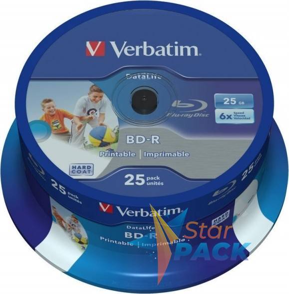 BD-R VERBATIM  25GB, viteza 6x, 25 buc, Single Layer, spindle, printabil, Wide Inkjet Printable