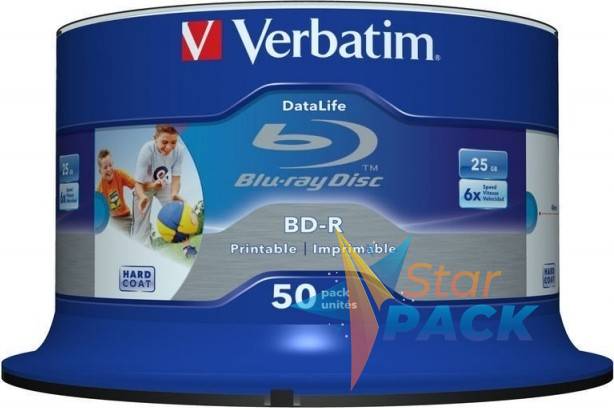 BD-R VERBATIM  25GB, viteza 6x, 50 buc, Single Layer, spindle, printabil, Wide Inkjet Printable