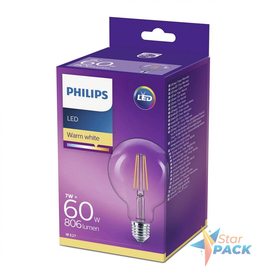 BEC LED Philips, soclu E27, putere 7W, forma clasic, lumina alb calda, alimentare 220 - 240 V