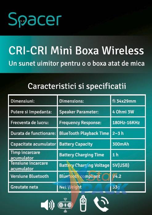 BOXA SPACER portabila bluetooth, Cri-Cri-RED, RMS:  3W, control volum, acumulator 300mAh, timp de functionare pana la 2 ore, distanta de functionare pana la 10m, incarcare USB, RED,  43501767