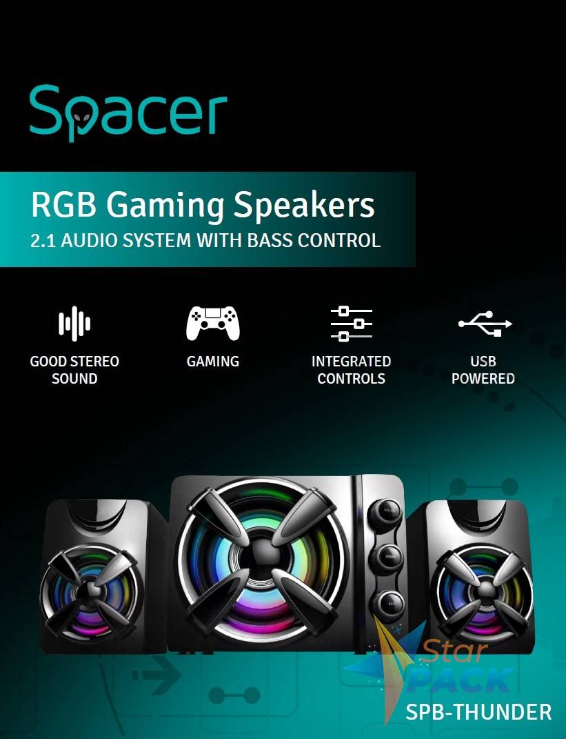 BOXE SPACER Gaming 2.1, RMS: 11W, control volum, bass si inalte, subwoofer lemn MDF, 14 x LED, USB power, black,  43501938