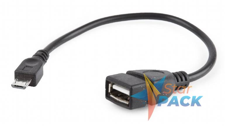 CABLU adaptor OTG GEMBIRD, pt. smartphone, Micro-USB 2.0 la USB 2.0, 15cm, asigura conectarea telef. la o tastatura, mouse, HUS, stick, etc., negru