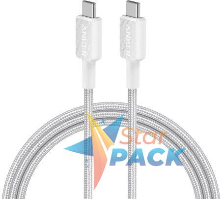 Cablu alimentare si date Anker, USB Type-C la USB Type-C, 0.9m rata transfer 480 Mbps, 60W, invelis nylon, braided, alb,  - 0848061019612
