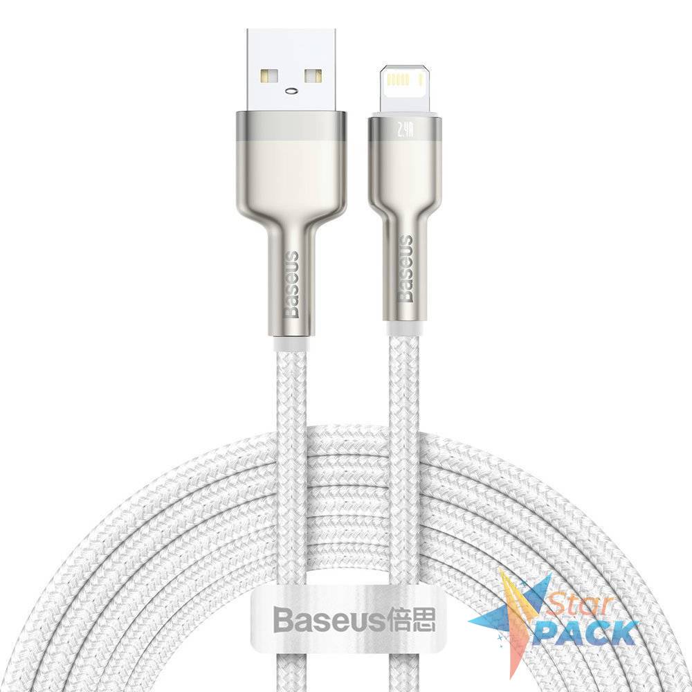 CABLU alimentare si date Baseus Cafule Metal, Fast Charging Data Cable pt. smartphone, USB la Lightning Iphone 2.4A, braided, 2m, alb  - 6953156202290