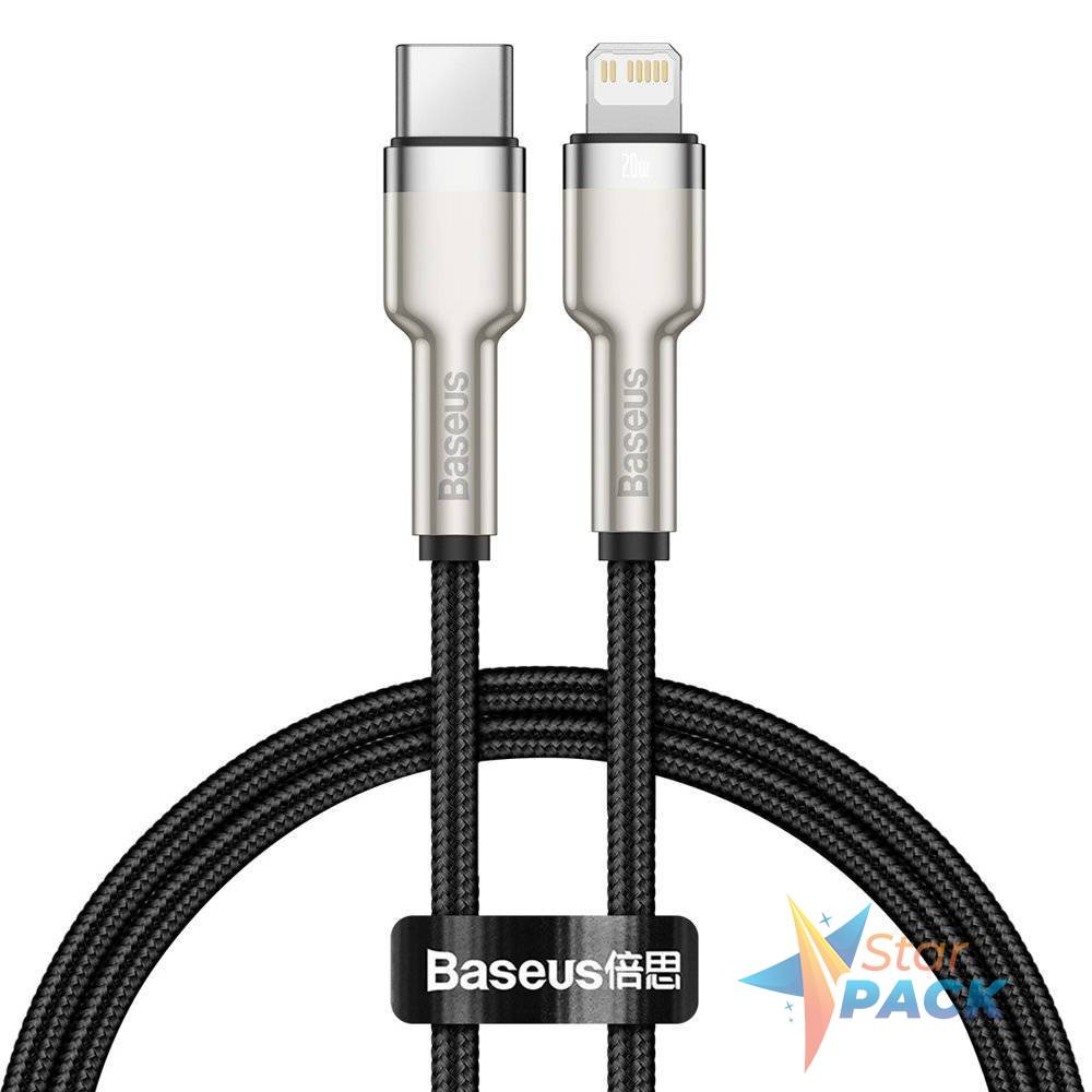 CABLU alimentare si date Baseus Cafule Metal, Fast Charging Data Cable pt. smartphone, USB Type-C la Lightning Iphone PD 20W, braided, 0.25m, negru  - 6953156202054