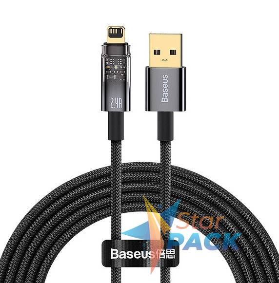 CABLU alimentare si date Baseus Explorer, Fast Charging Data Cable pt. smartphone, USB la Lightning Iphone 2.4A, 1m, Auto Power-Off, negru transparent  - 6932172605759