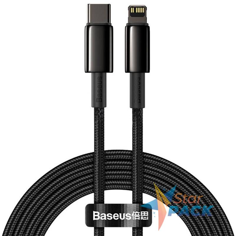 CABLU alimentare si date Baseus Tungsten Gold, Fast Charging Data Cable pt. smartphone, USB Type-C la Lightning Iphone 20W, braided, 1m, rezistent zgarieturi, negru  - 6953156232037