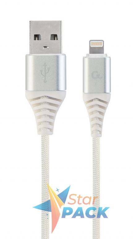 CABLU alimentare si date GEMBIRD, pt. smartphone, USB 2.0 la Lightning, 1m, premium, cablu cu impletire din bumbac, alb cu conectori argintii
