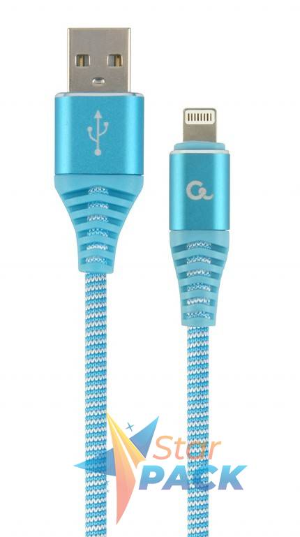 CABLU alimentare si date GEMBIRD, pt. smartphone, USB 2.0 la Lightning, 1m, premium, cablu cu impletire din bumbac, albastru cu insertii albe