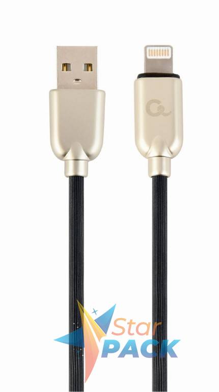 CABLU alimentare si date GEMBIRD, pt. smartphone, USB 2.0 la Lightning, 1m, premium, cablu din cauciuc, negru, conectori argintii
