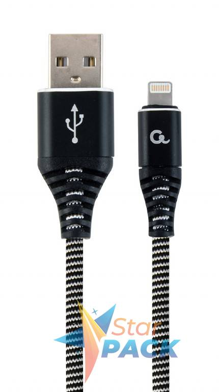 CABLU alimentare si date GEMBIRD, pt. smartphone, USB 2.0 la Lightning, 2m, premium, cablu cu impletire din bumbac, negru cu insertii albe