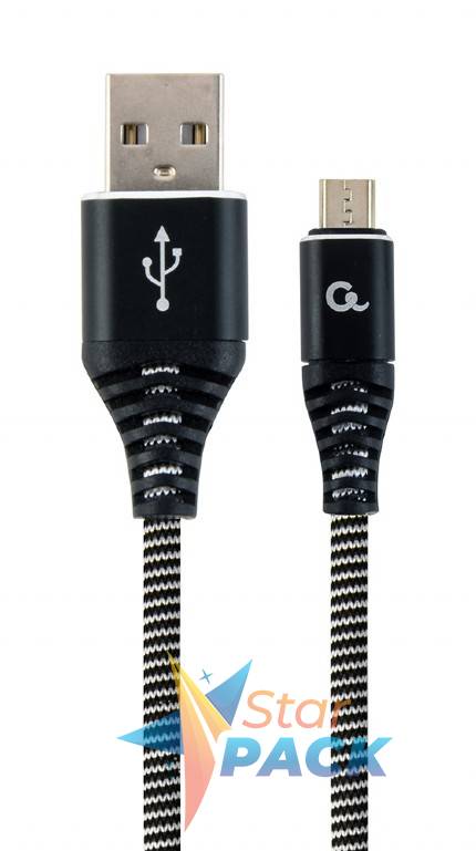 CABLU alimentare si date GEMBIRD, pt. smartphone, USB 2.0 la Micro-USB 2.0, 1m, premium, cablu cu impletire din bumbac, negru cu insertii albe