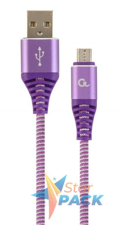 CABLU alimentare si date GEMBIRD, pt. smartphone, USB 2.0 la Micro-USB 2.0, 1m, premium, cablu cu impletire din bumbac, violet cu insertii albe