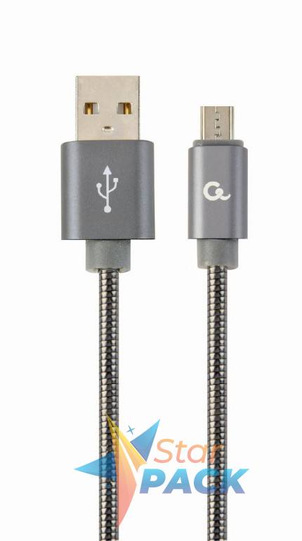 CABLU alimentare si date GEMBIRD, pt. smartphone, USB 2.0 la Micro-USB 2.0, 1m, premium, cablu metalic, gri-metalic, cu insertii albe