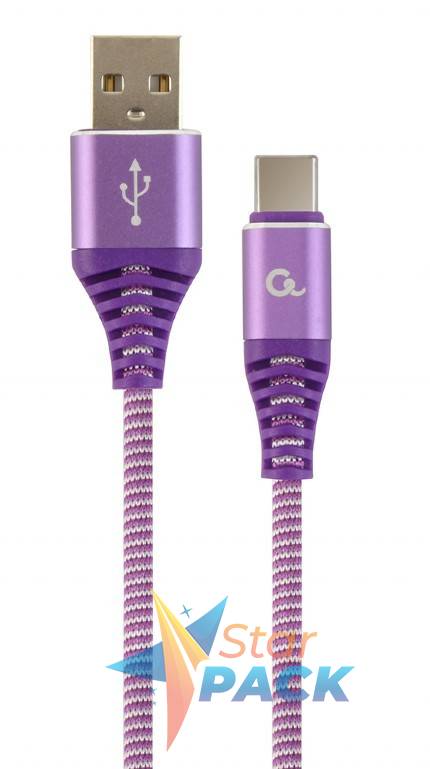 CABLU alimentare si date GEMBIRD, pt. smartphone, USB 2.0 la USB 2.0 Type-C, 1m, premium, cablu cu impletire din bumbac, mov cu insertii albe