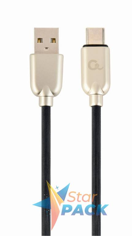 CABLU alimentare si date GEMBIRD, pt. smartphone, USB 2.0 la USB 2.0 Type-C, 1m, premium, cablu din cauciuc, negru, conectori argintii