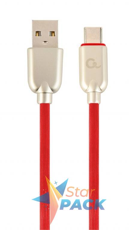 CABLU alimentare si date GEMBIRD, pt. smartphone, USB 2.0 la USB 2.0 Type-C, 1m, premium, cablu din cauciuc, rosu, conectori argintii
