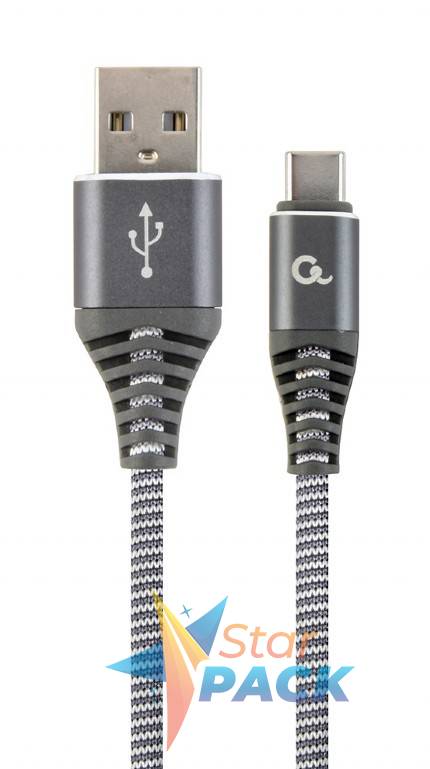 CABLU alimentare si date GEMBIRD, pt. smartphone, USB 2.0 la USB 2.0 Type-C, 2m, premium, cablu cu impletire din bumbac, gri-metalizat cu insertii albe