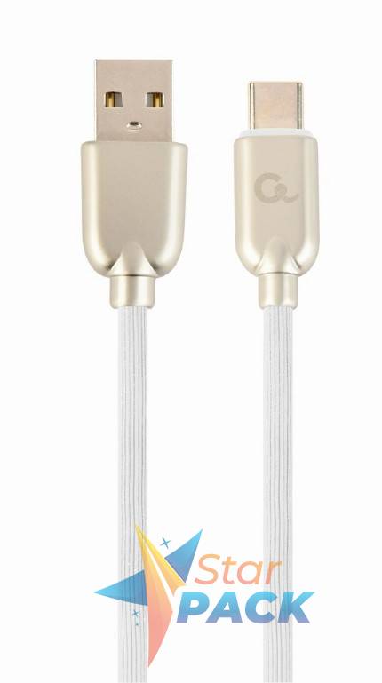 CABLU alimentare si date GEMBIRD, pt. smartphone, USB 2.0 la USB 2.0 Type-C, 2m, premium, cablu din cauciuc, alb, conectori argintii