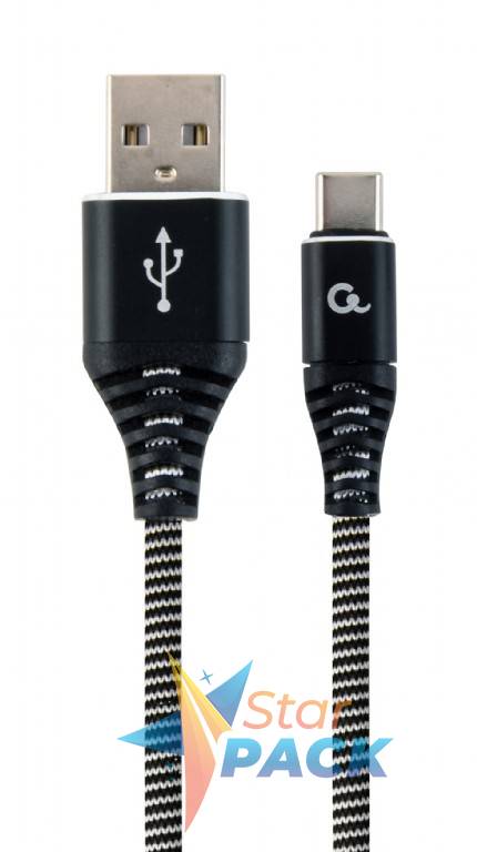 CABLU alimentare si date GEMBIRD, pt. smartphone, USB 2.0 la USB 2.0 Type-C, 2m, premium, cablu metalic, negru cu insertii albe