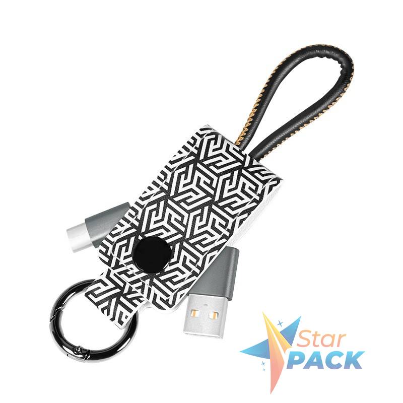 CABLU alimentare si date LOGILINK, pt. smartphone, USB 2.0 la USB 2.0 Type-C, 0.22m, cu breloc, din piele, negru/ alb