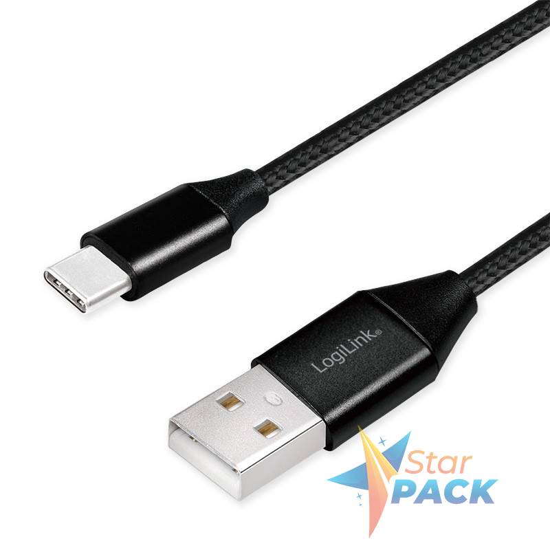 CABLU alimentare si date LOGILINK, pt. smartphone, USB 2.0 la USB 2.0 Type-C, 0.3m, premium, cablu cu impletire din bumbac, negru