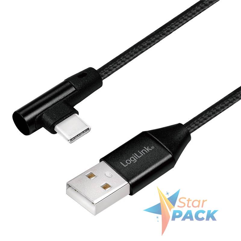 CABLU alimentare si date LOGILINK, pt. smartphone, USB 2.0 la USB 2.0 Type-C la 90 grade, 0.3m, premium, cablu cu impletire din bumbac, negru