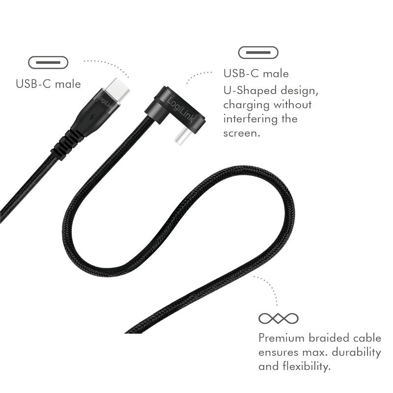 CABLU alimentare si date LOGILINK, pt. smartphone, USB 2.0, USB Type-C la USB Type-C la 180 grade, 1m, 2 x ecranat, aluminiu, negru