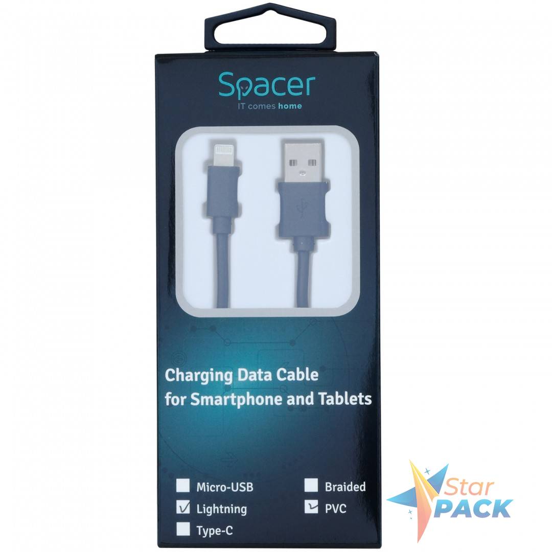 CABLU alimentare si date SPACER, pt. smartphone, USB 2.0 la Lightning, pentru Iphone, PVC,Retail pack, 1.8m, black, 