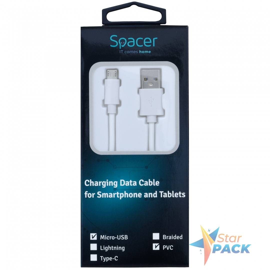 CABLU alimentare si date SPACER, pt. smartphone, USB 2.0 la Micro-USB 2.0, PVC, Retail pack, 0.5m, White, 