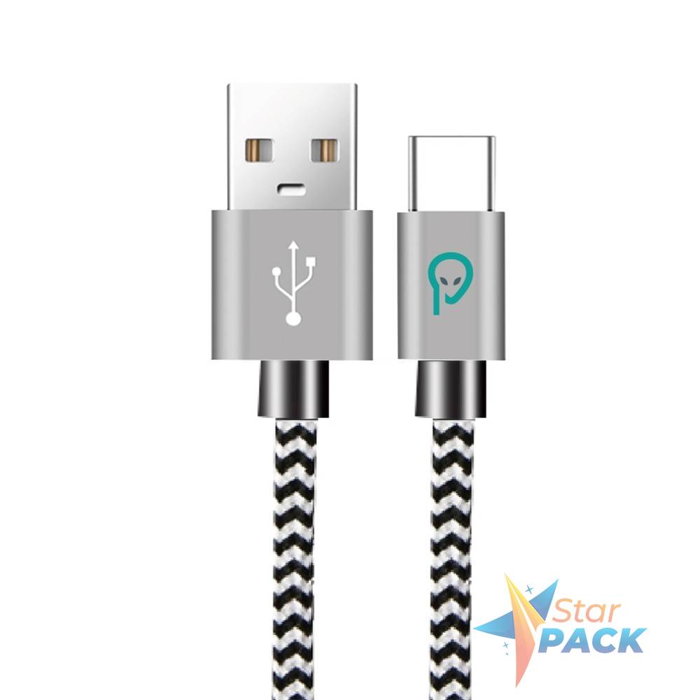 CABLU alimentare si date SPACER, pt. smartphone, USB 3.0 la Type-C, 2.1A,  braided, retail pack, 1.8m, zebra
