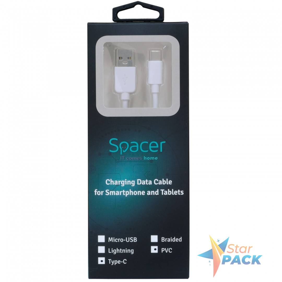CABLU alimentare si date SPACER, pt. smartphone, USB 3.0 la Type-C, PVC,2.1A,Retail pack, 0.5m, alb