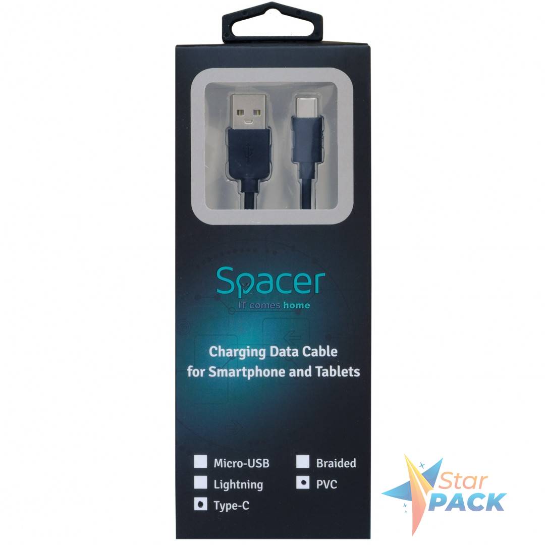 CABLU alimentare si date SPACER, pt. smartphone, USB 3.0 la Type-C, PVC,2.1,Retail pack, 1.8m, black