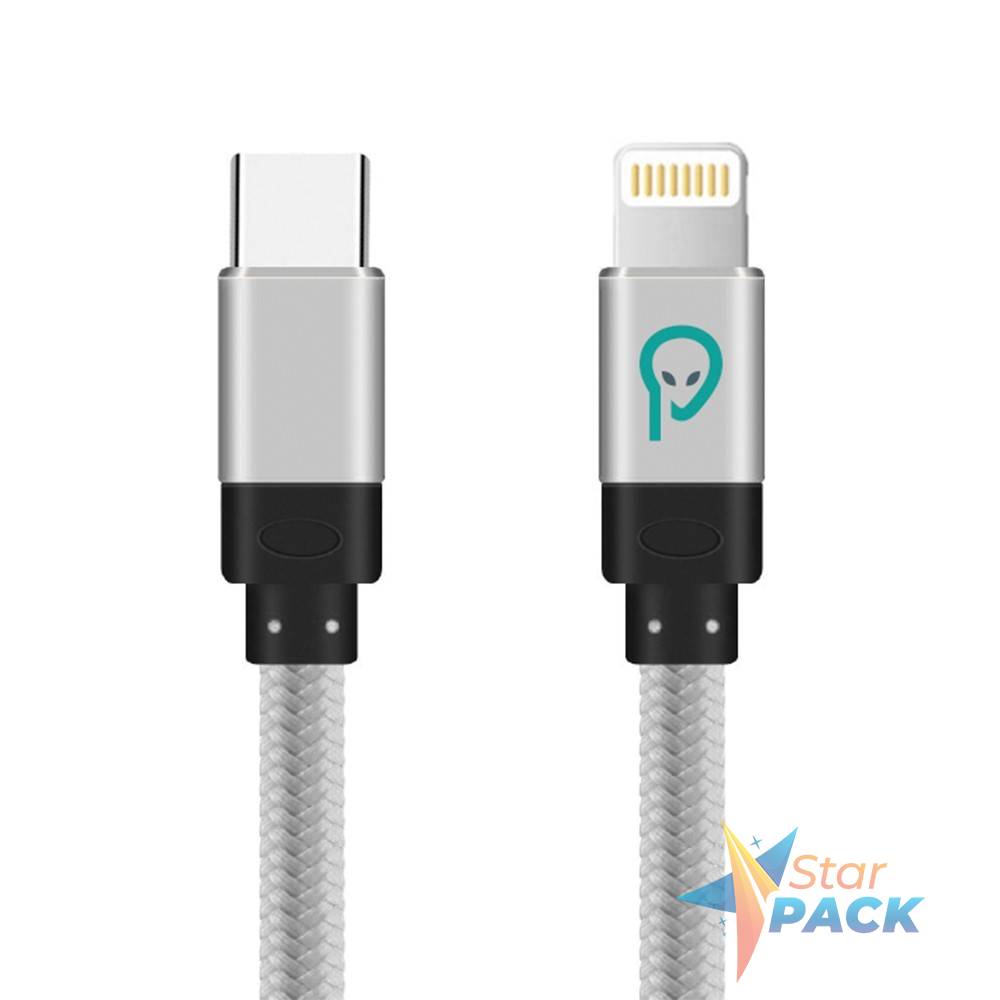 CABLU alimentare si date SPACER, pt. smartphone, USB Type-C la Iphone Lightning, braided, retail pack, 1m, silver