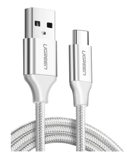 CABLU alimentare si date Ugreen, US288, Fast Charging Data Cable pt. smartphone, USB la USB Type-C 3A, nickel plating, braided, 2m, alb  - 6957303861330