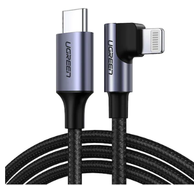 CABLU alimentare si date Ugreen, US305, Fast Charging Data Cable pt. smartphone, USB Type-C la Lightning Iphone, 3A, Angled 90°, braided, 1m, negru  - 6957303867639