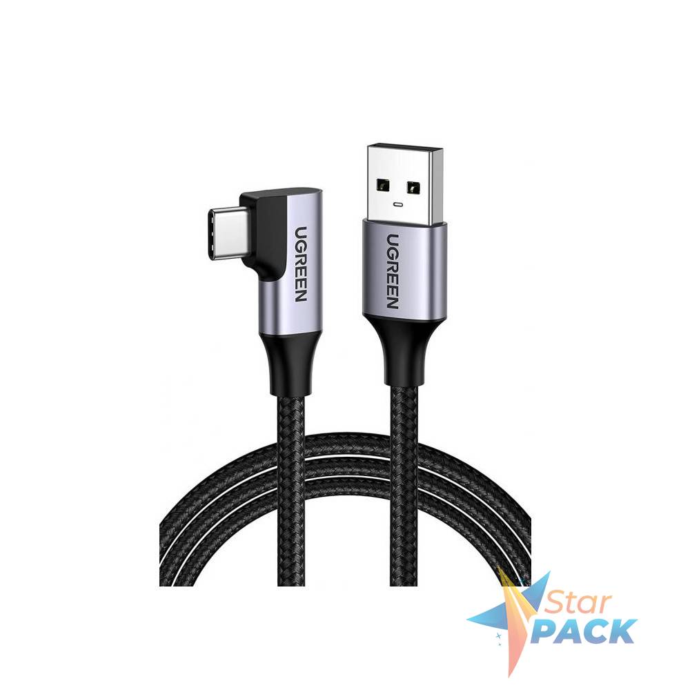 CABLU alimentare si date Ugreen, US385, Fast Charging Data Cable pt. smartphone,USB la USB Type-C, 3A,  unghi 90 grade, braided, 1m, negru  - 6957303822997