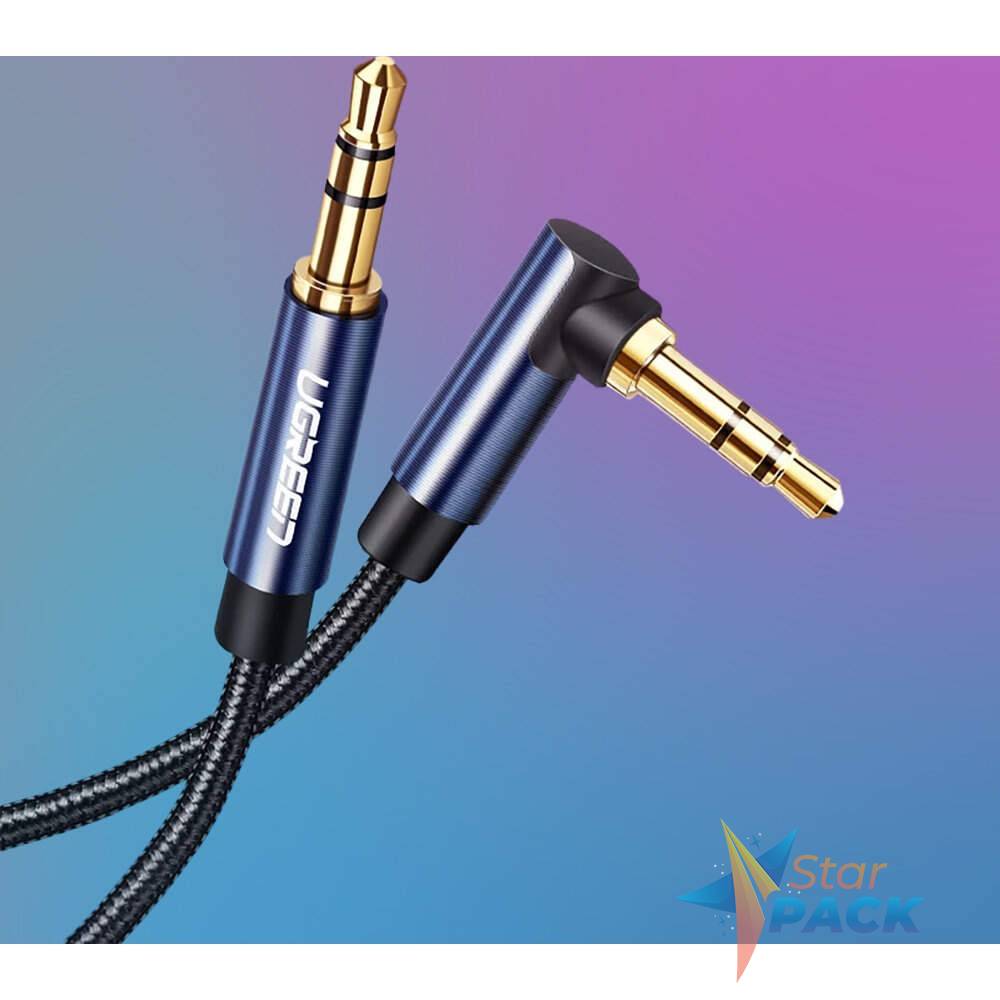 CABLU audio Ugreen, AV112 stereo, conectori auriti, 1m, braided, unghi de 90 grade la un cap, albastru  - 6957303861798