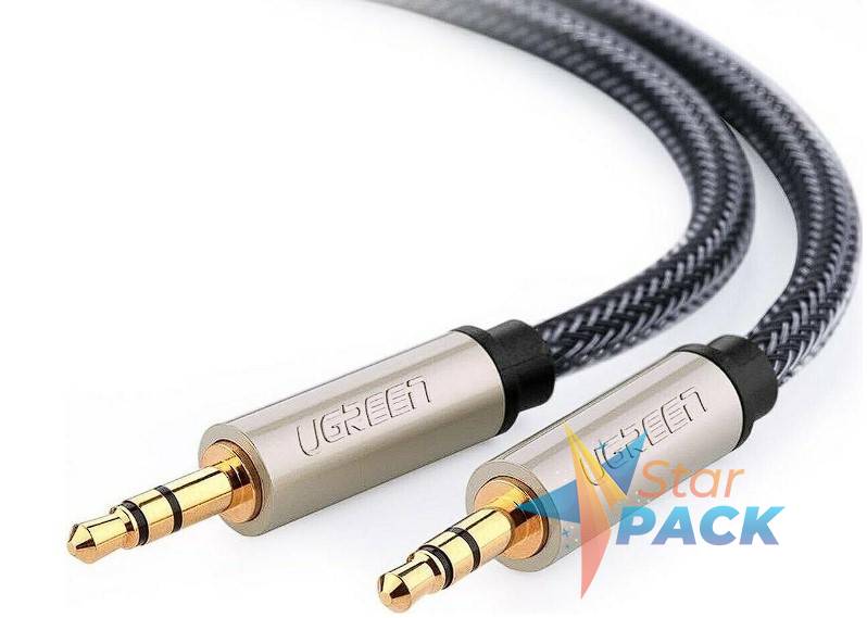 CABLU audio Ugreen, AV125 stereo 3.5 mm jack la 3.5 mm jack, braided, 2m, conectori auriti, gri  - 6957303807208