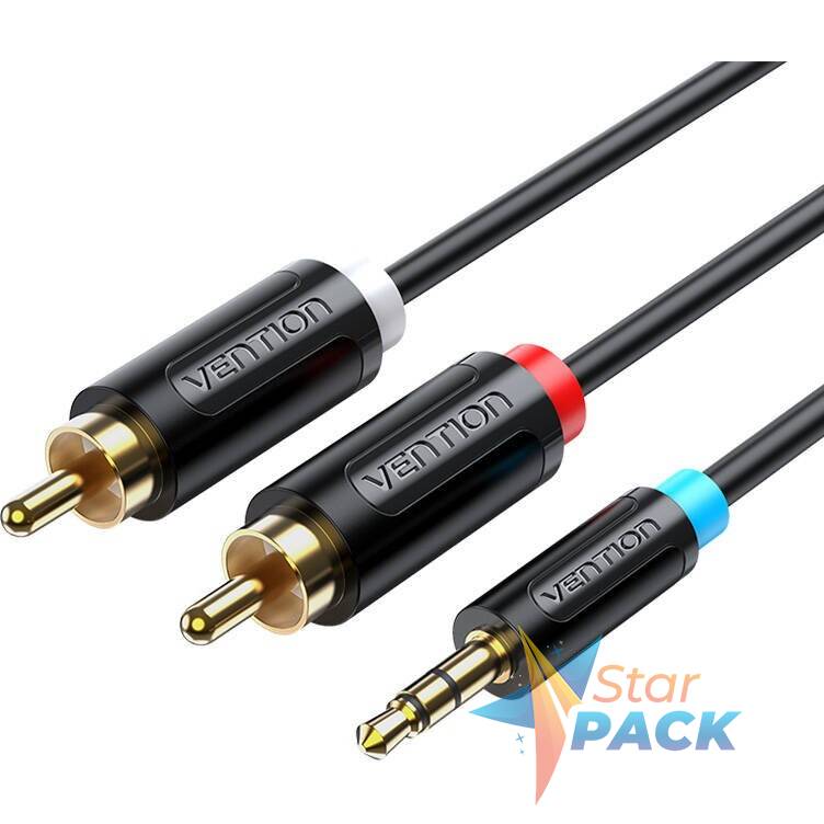 Cablu audio Vention, Jack 3.5mm la 2 x RCA, 1.5m, conectori auriti, PVC, negru,  - 6922794751316