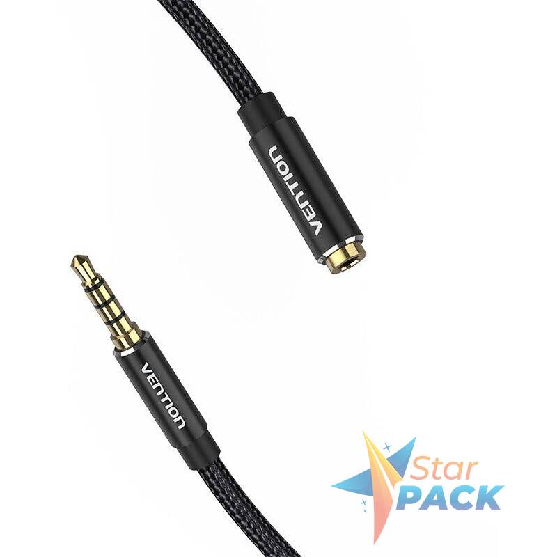 Cablu audio Vention, Jack 3.5mm la Jack 3.5mm, 1m, conectori auriti, braided BBC, negru,  - 6922794765665