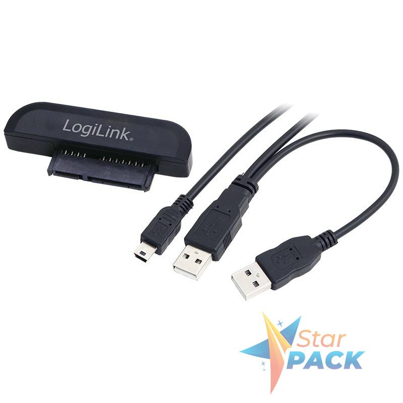 CABLU USB LOGILINK adaptor, USB 2.0 la S-ATA, 6cm, adaptor USB la HDD S-ATA 2.5, cu USB suplimentar pt. extra power, negru