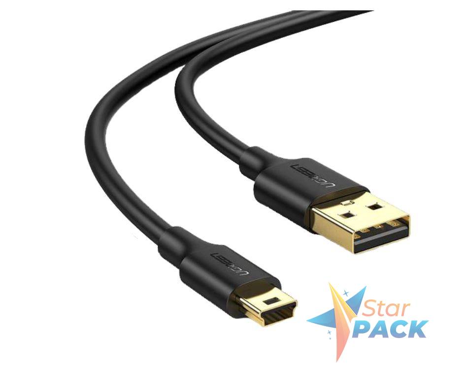 CABLU USB Ugreen, US132 USB 2.0 la Mini-USB 5 Pin, 2m, conectori auriti, negru,  - 6957303834723