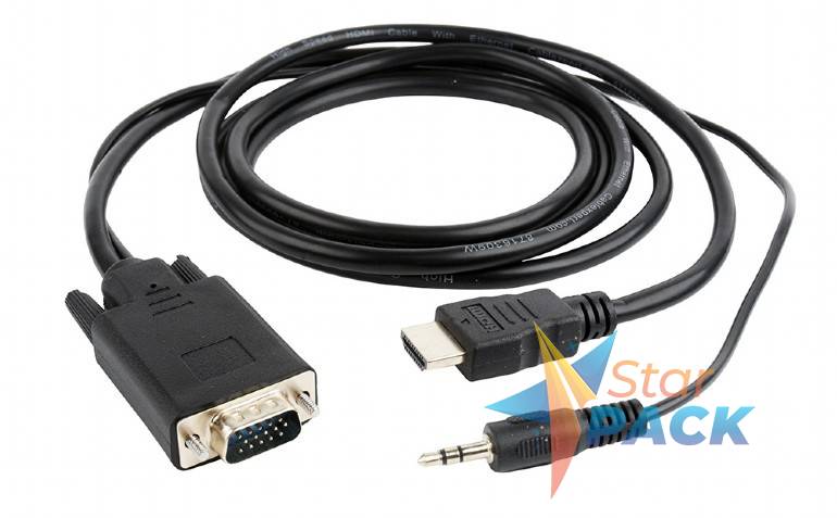 CABLU video GEMBIRD, splitter HDMI la VGA + Jack 3.5mm, 1.8m, rezolutie maxima 1920x1080 la 60Hz, converteste semnal digital HDMI in analog VGA + audio 3.5 mm jack, negru