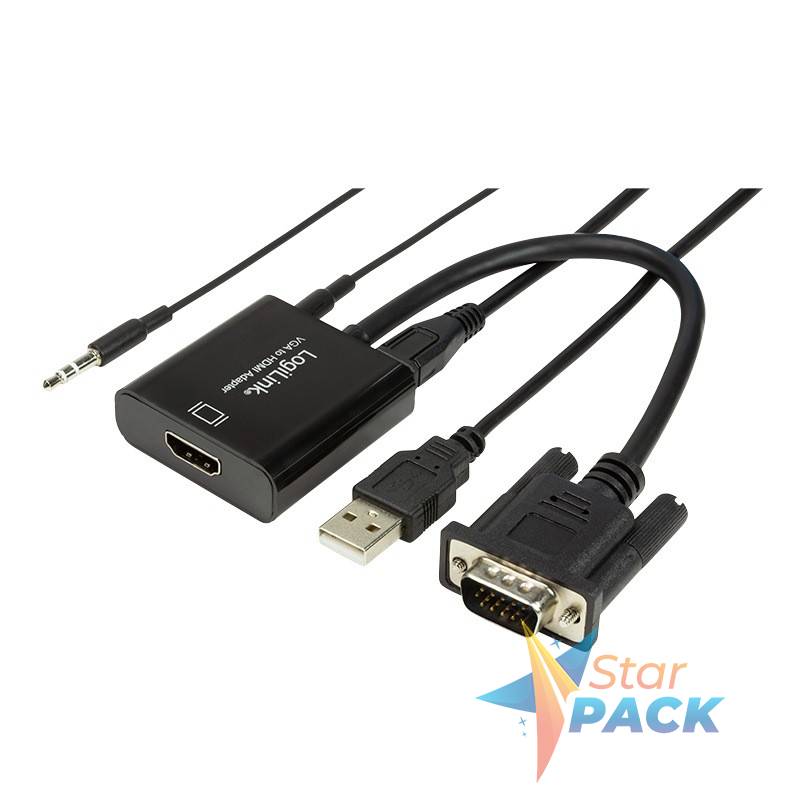 CABLU video LOGILINK, adaptor VGA + Jack 3.5mm la HDMI, 15cm, rezolutie maxima Full HD la 60Hz, conecteaza placa video cu VGA la monitor HDMI, cablu power USB, negru